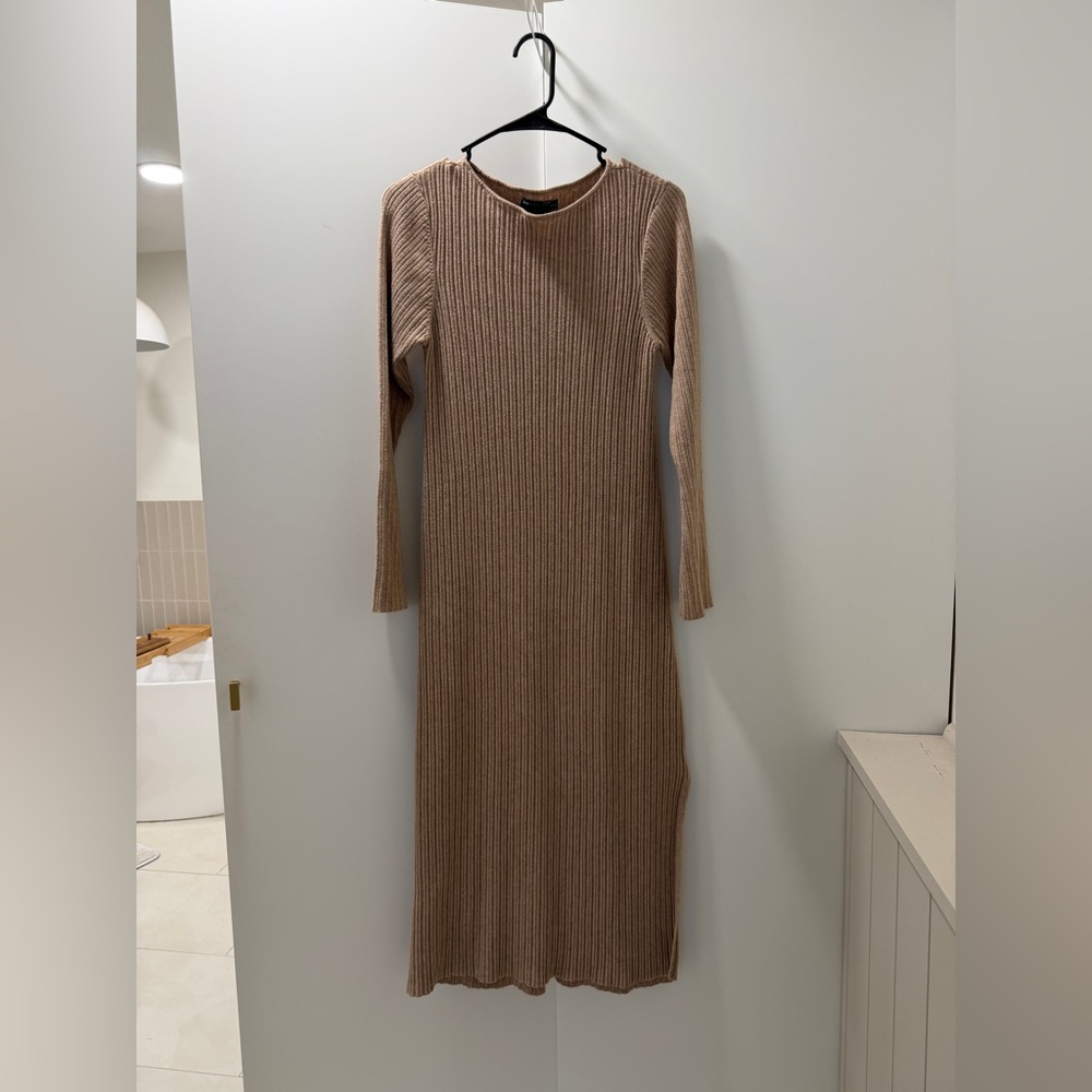 ASOS DESIGN Maternity midi rib dress with cowl neck in taupe